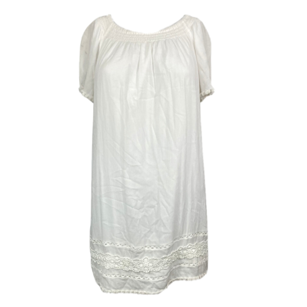Ann Taylor Loft Petites Tunic Womens Sz SP White Smocked Neck Frayed Lace Hem